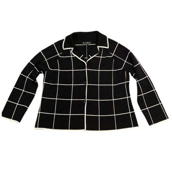 Mercer & Madison Black Ivory Windowpane Knit Sweater Lady Jacket Cardigan Size L - Picture 2 of 9